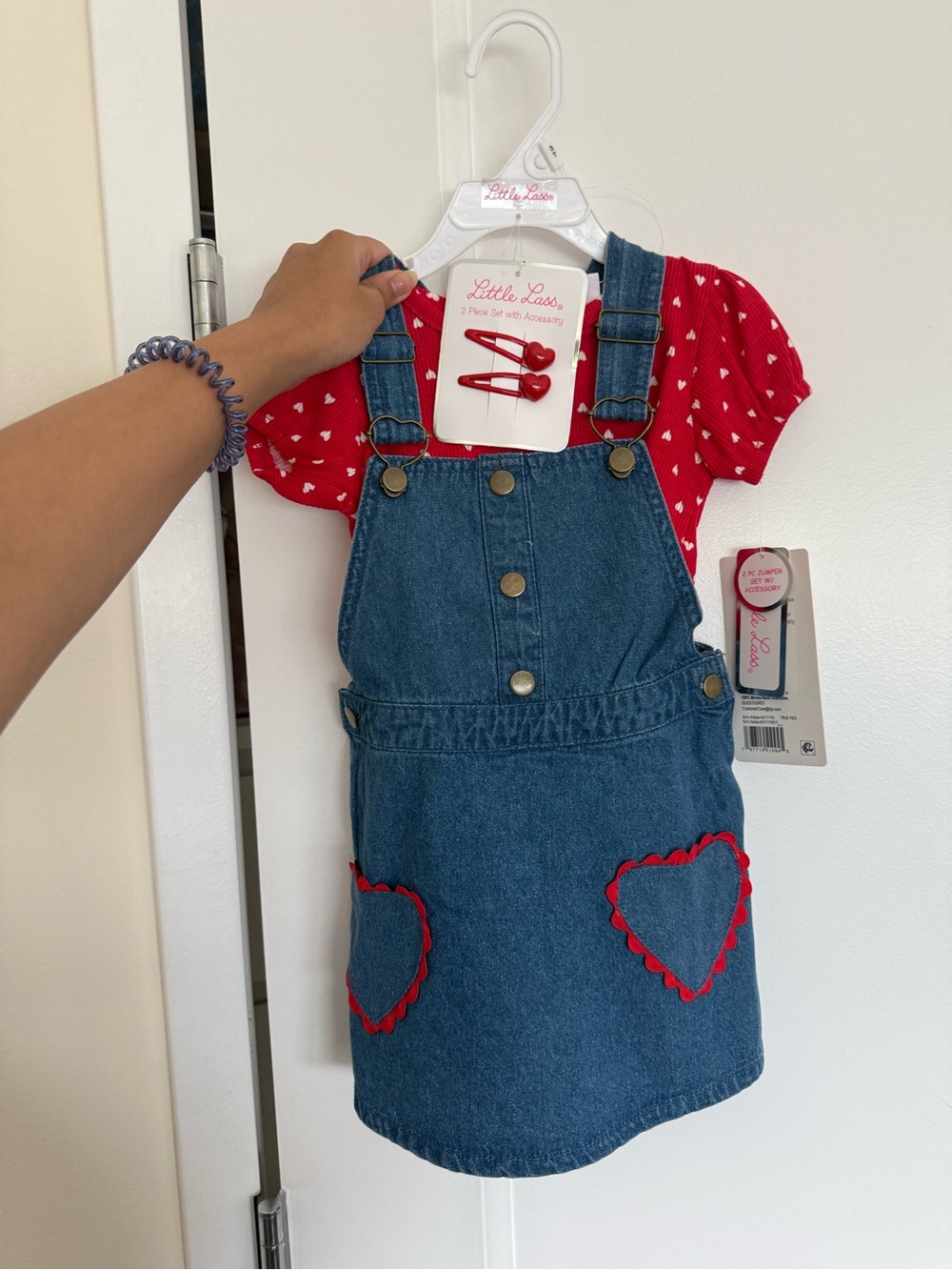 NWT Little Lass Girls' Red Heart Tee & Denim Overall Set - 3T